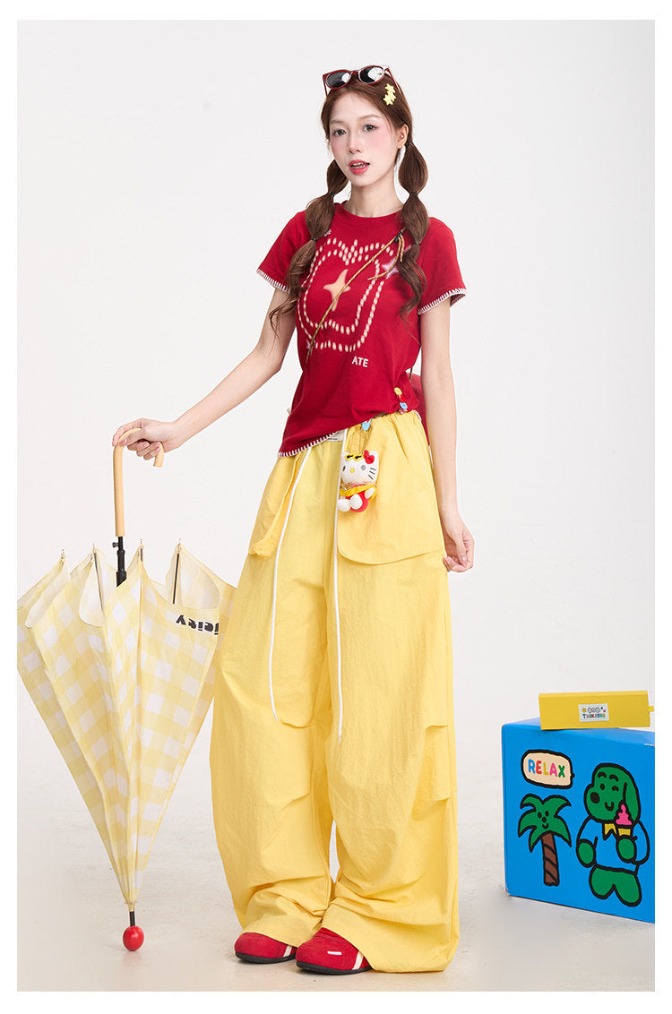Red Star Baby Tee & Yellow Wide-Leg Pants