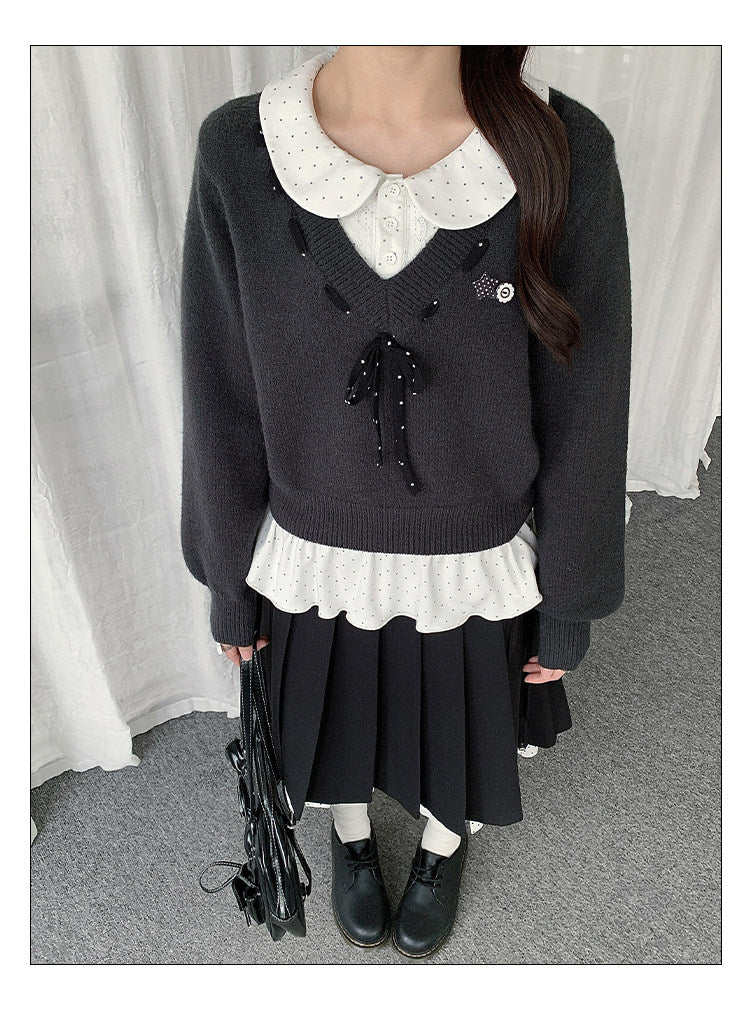 Black Bow Knit Sweater & Polka Dot Peter Pan Collar Two-Piece Set