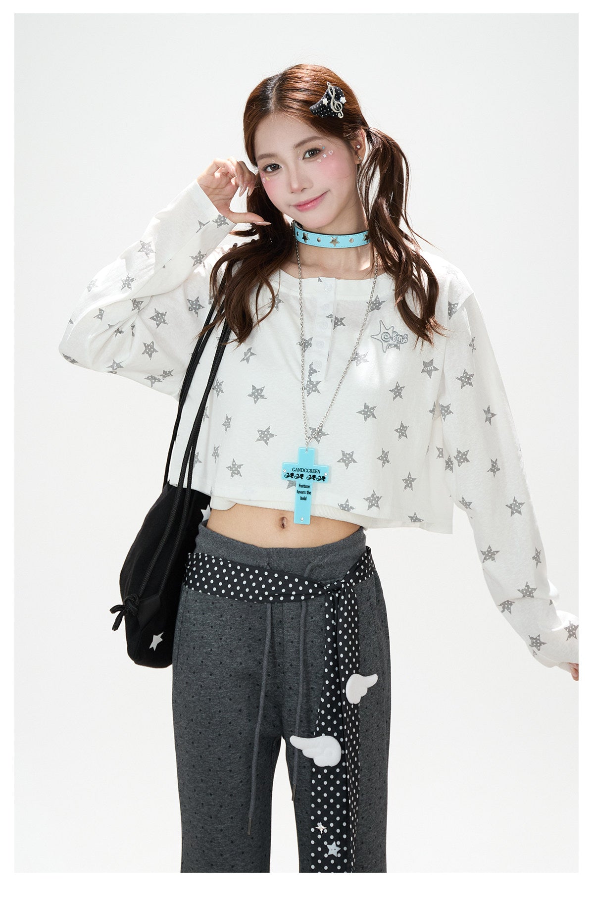 Allover Star Cropped Long Sleeve Top & Dark Heather Gray Wide Leg Pants