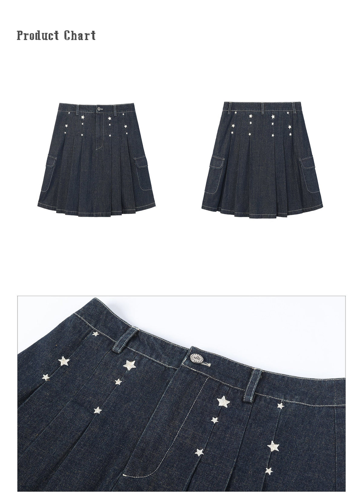 Embroidered Star Pleated Denim Midi Skirt