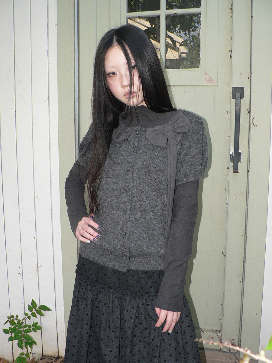 Bow-Detail Knit Cardigan & Long Sleeve Two-Piece Set