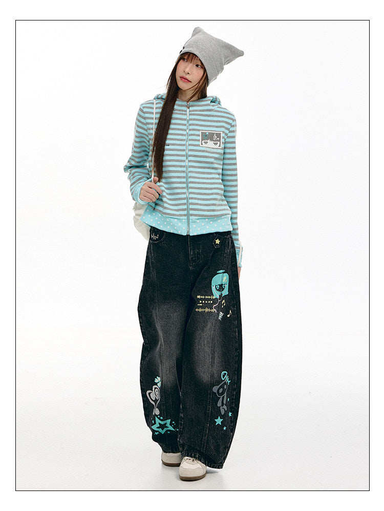 Washed Black Cartoon Music Note Barrel-Leg Jeans