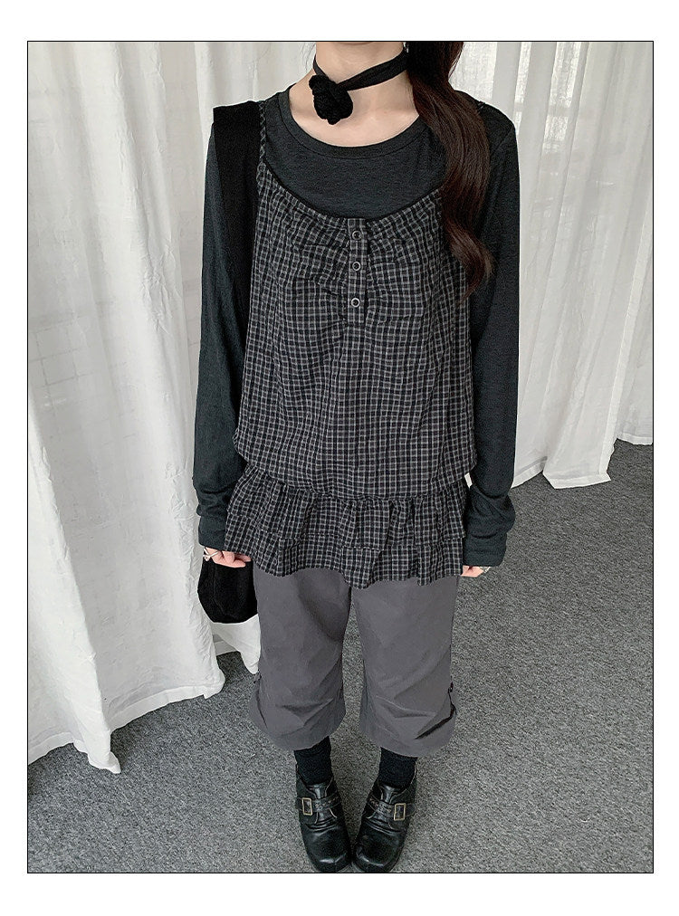 Plaid Cami & Long Sleeve Layered Two-Piece Top Set