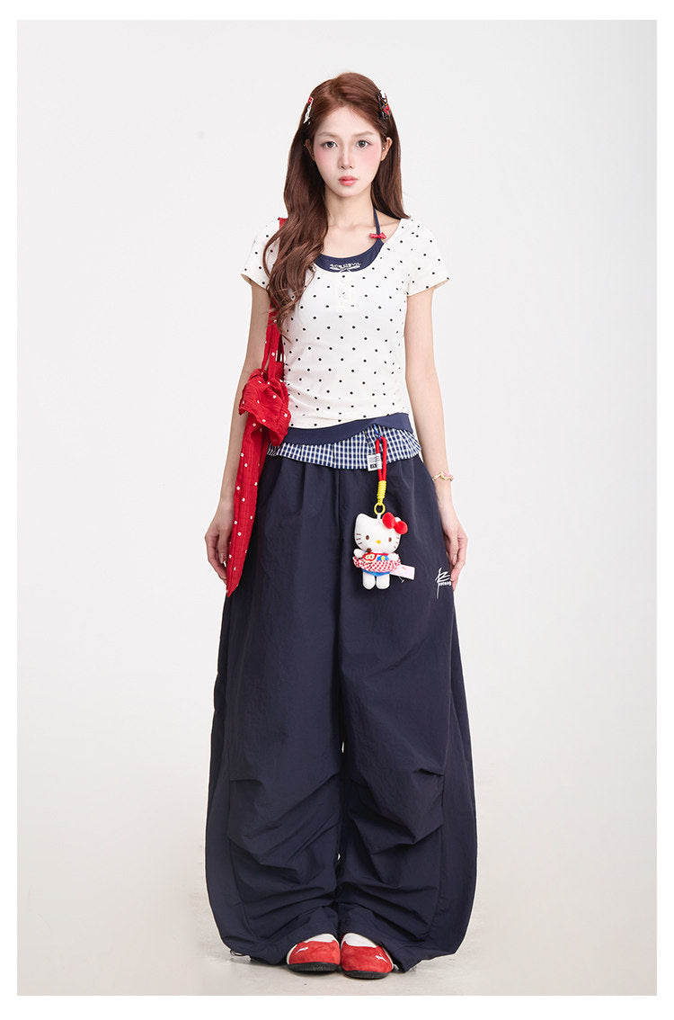 Polka Dot Baby Tee & Navy Wide-Leg Pants