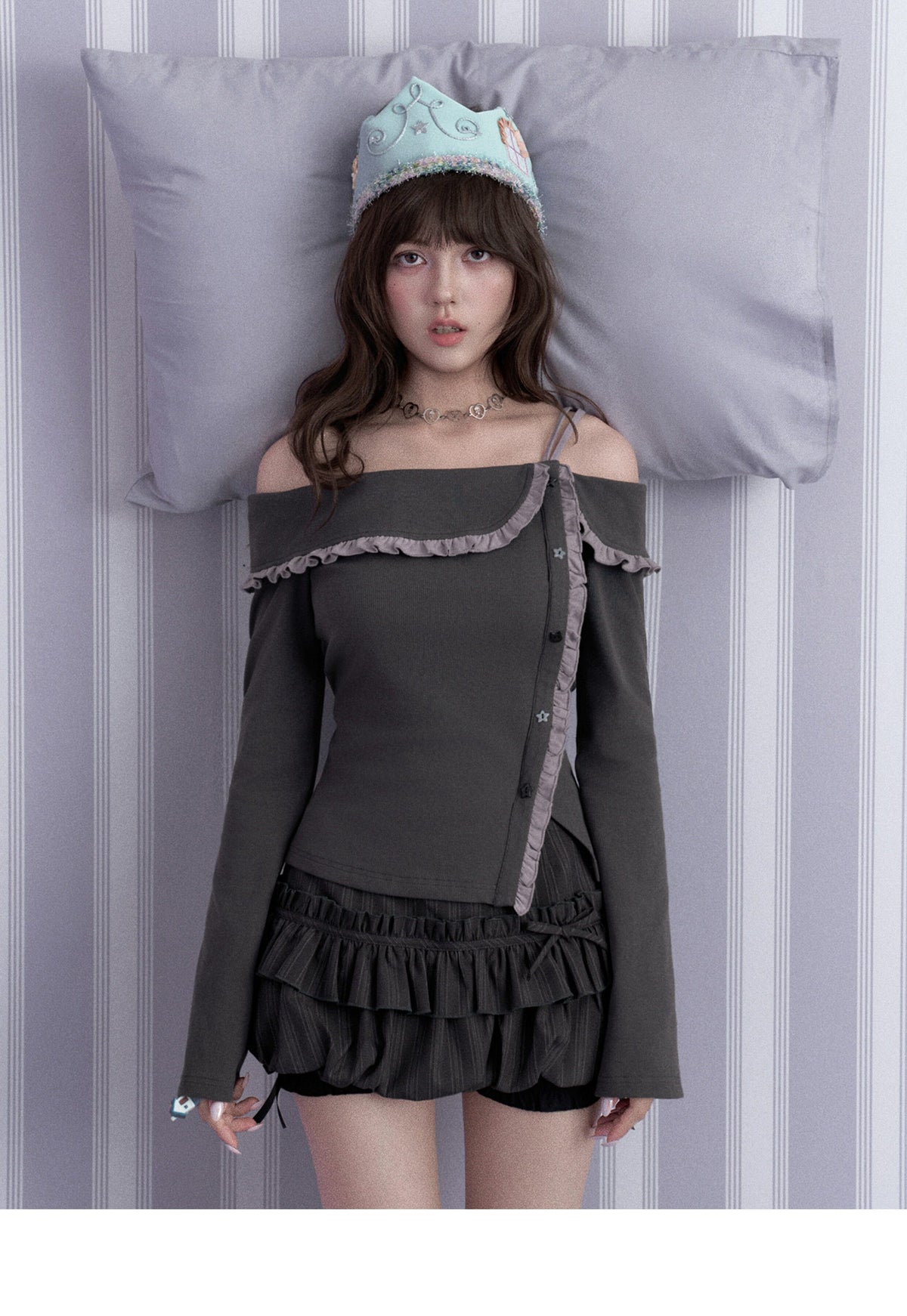 Double-Waist Pinstripe Ruffle Bubble-Hem Skort
