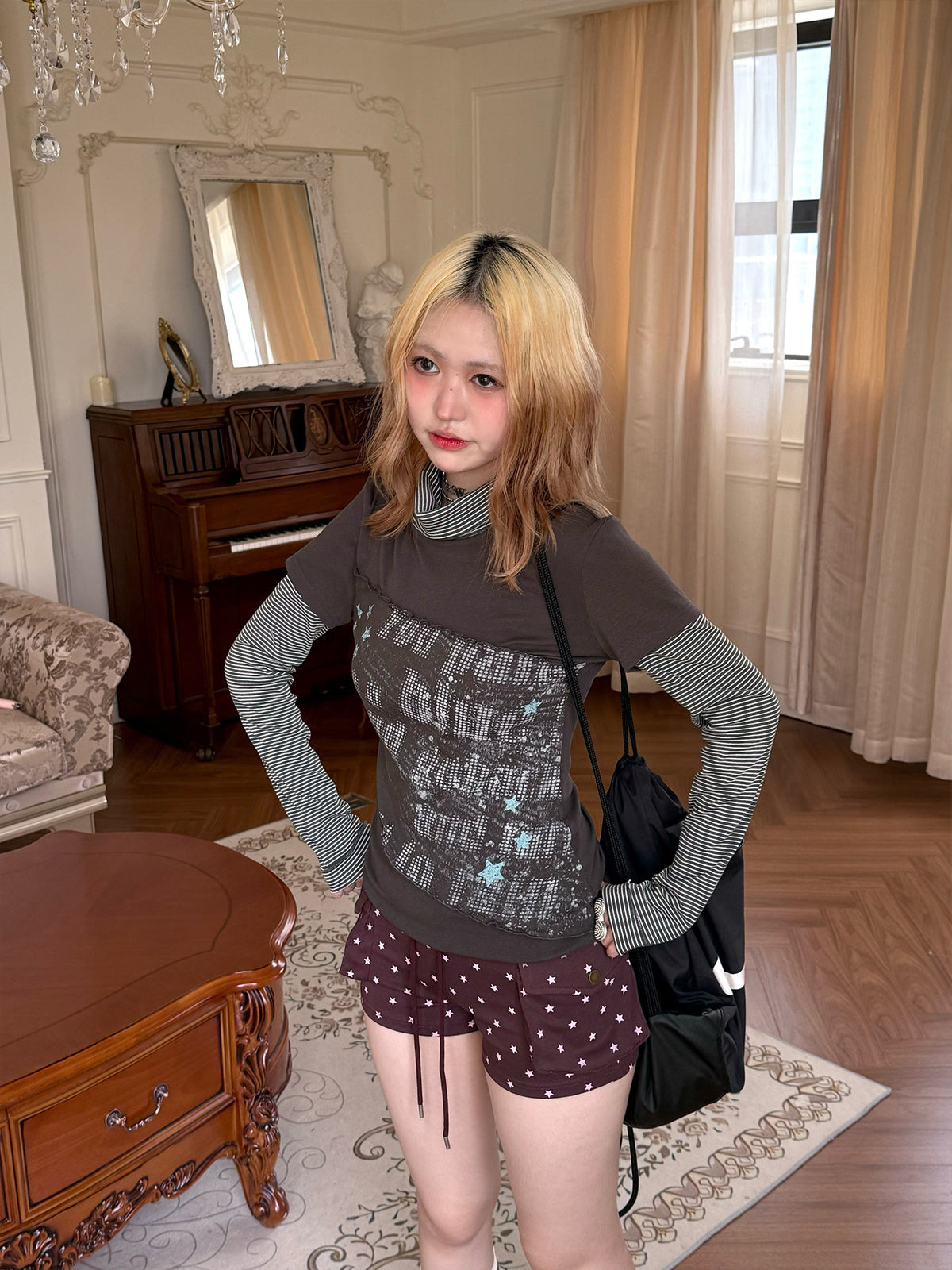 Striped Mock Neck Faux-Layer Graphic Long Sleeve Top