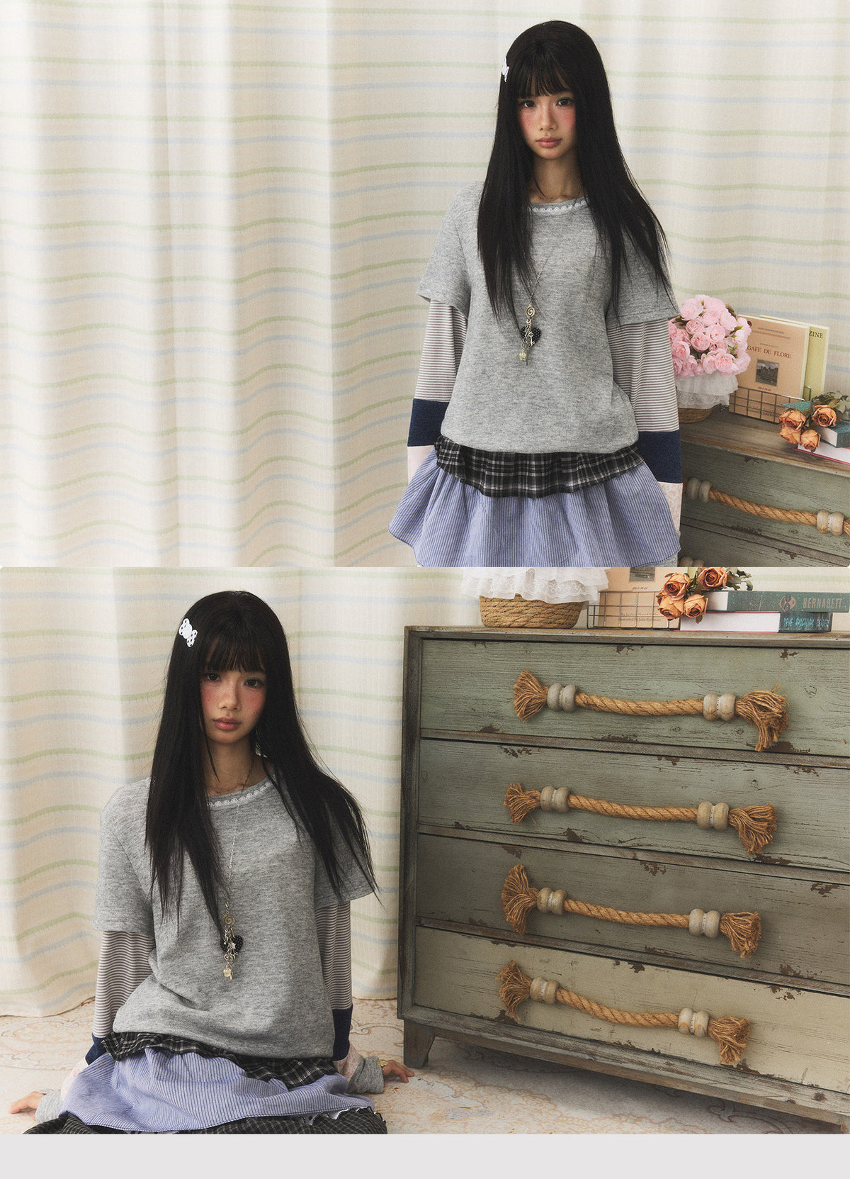 Lace-Trim Patchwork Faux-Layered Long Sleeve Top