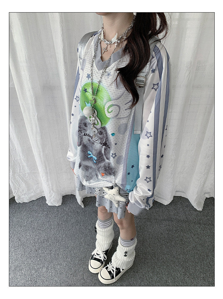Puppy Star Graphic V-Neck Jersey Long Sleeve Top