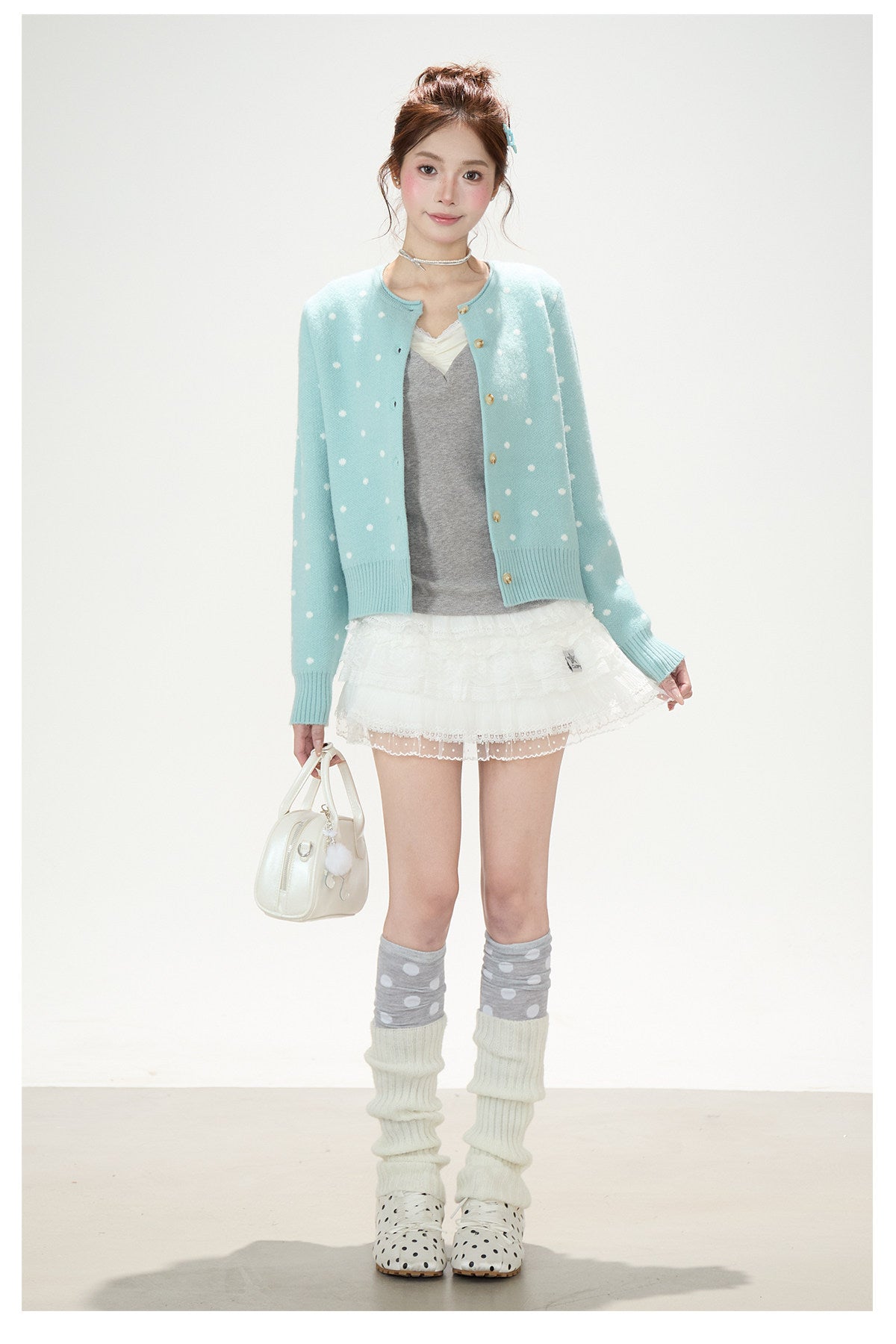 Polka-Dot Jacquard Knit Cardigan & Washed Flare Jeans