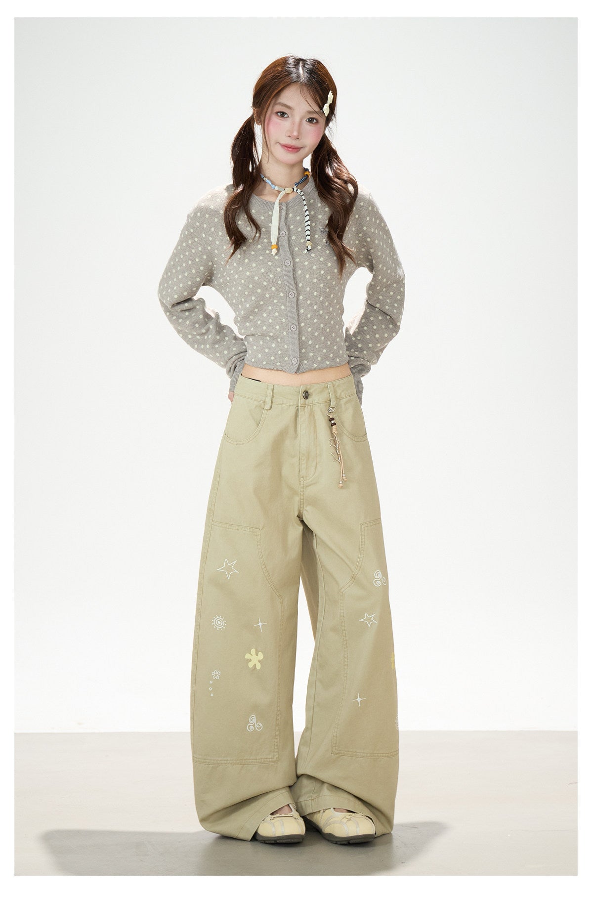 Playful Embroidered Wide-Leg Cargo Pants