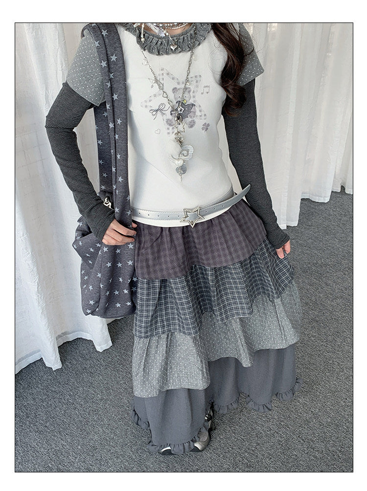 Layered Plaid Polka Dot Tiered Maxi Skirt