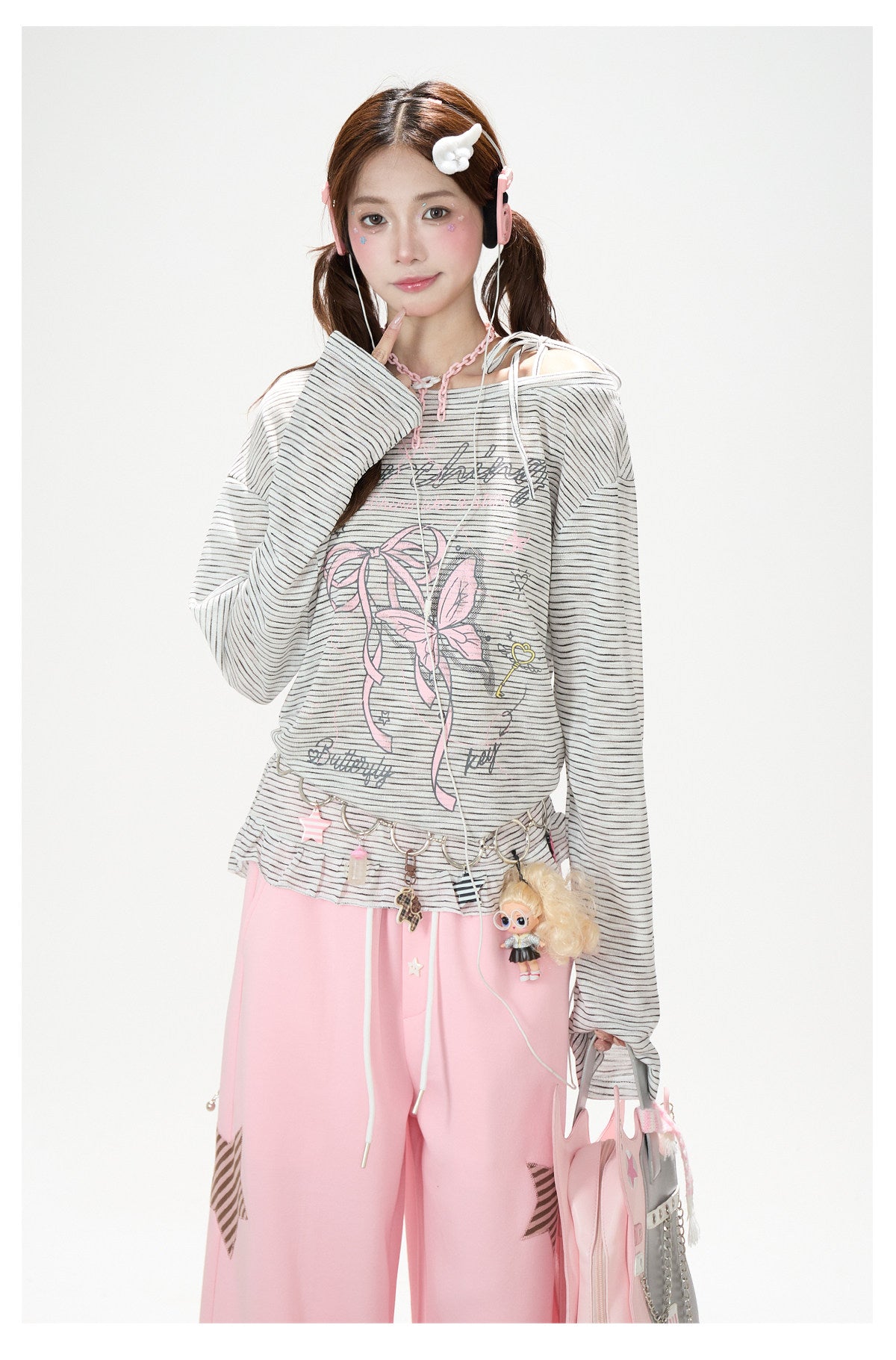 Bow Stripe Off-Shoulder Long Sleeve Top & Pink Wide-Leg Pants