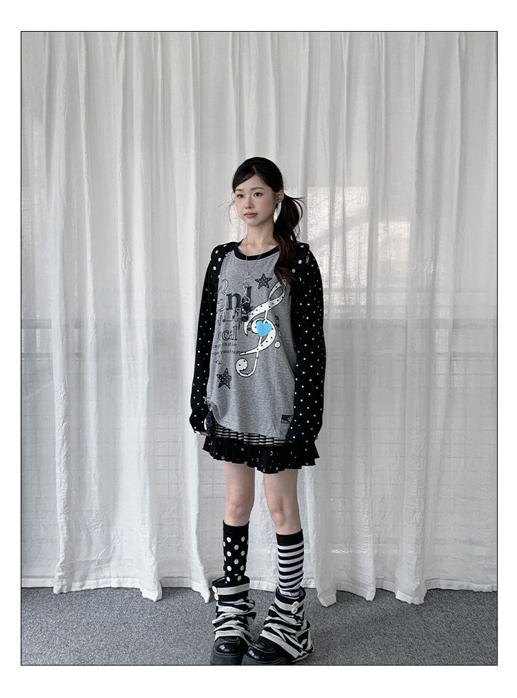 Music Note Polka Dot Layered Raglan Long Sleeve Top