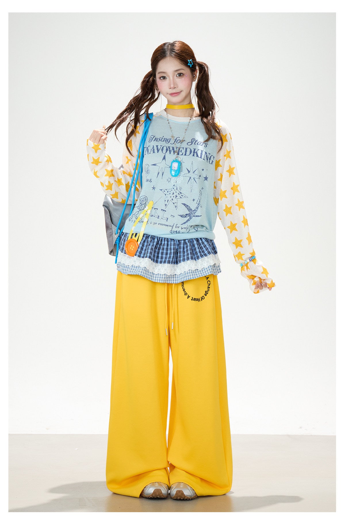 Cartoon Star Raglan Long Sleeve Top & Wide-Leg Drawstring Pants