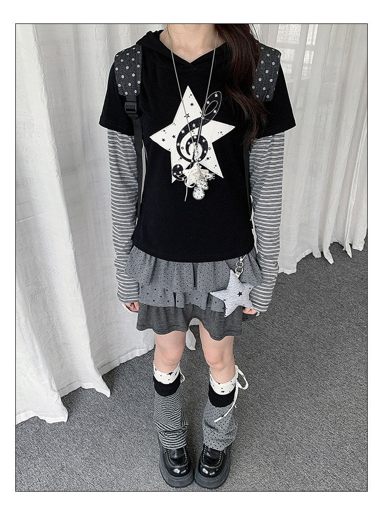 Star Music Note Layered Hooded Long Sleeve Top