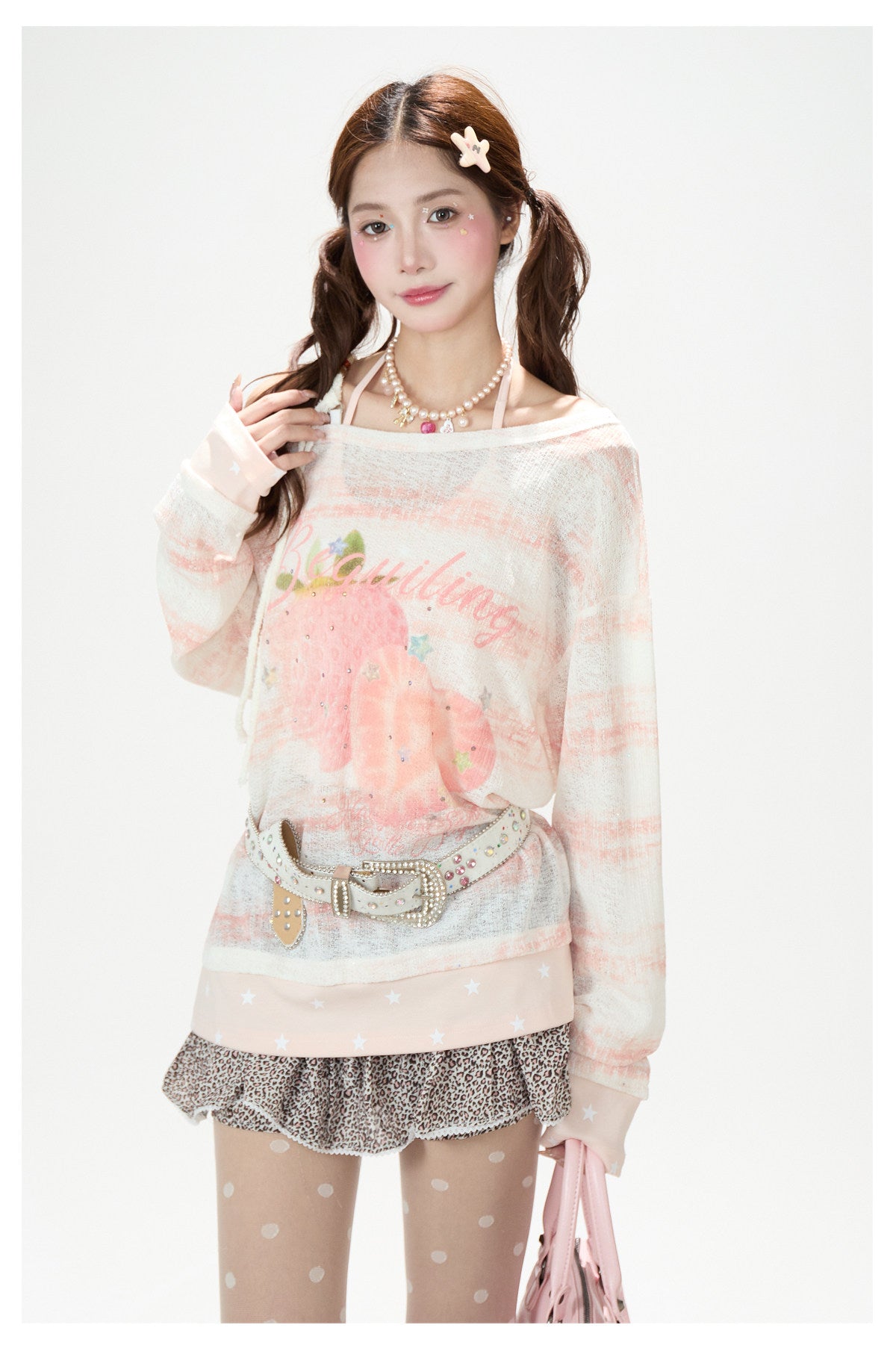 Summer Stripe Graphic Long Sleeve Top & Star Halter Cami