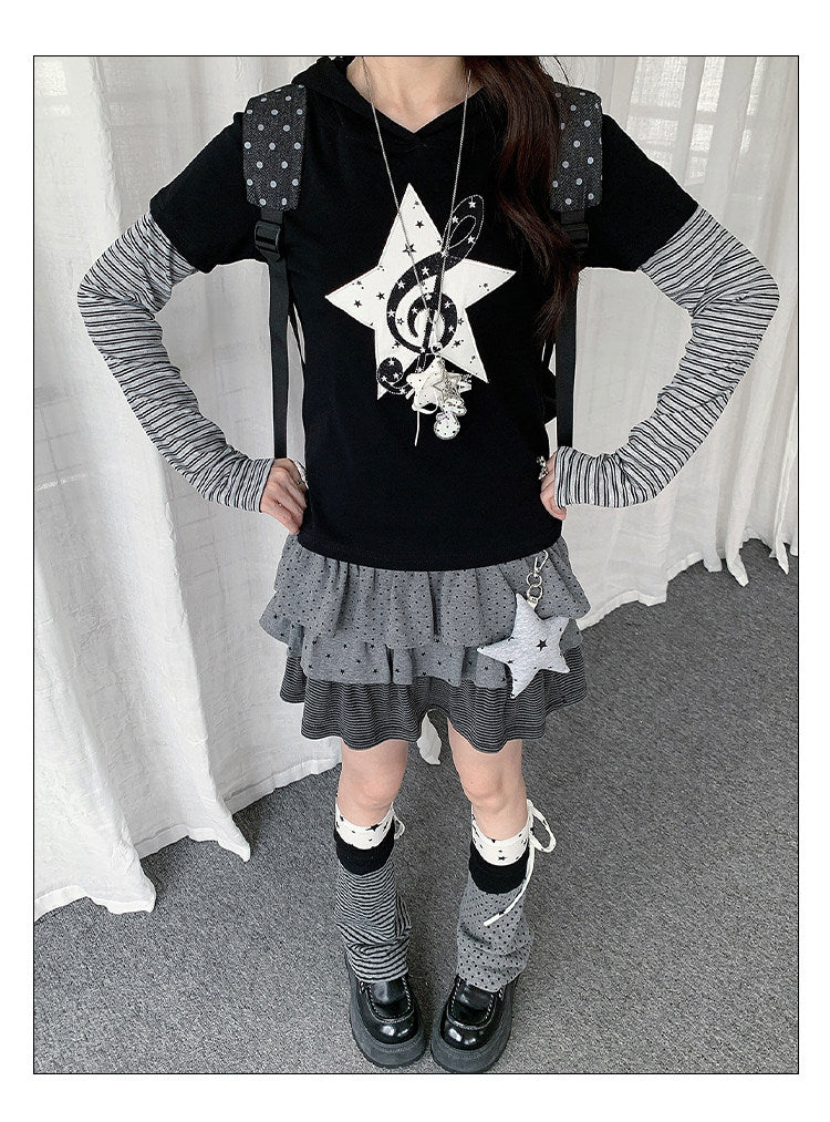 Star Music Note Layered Hooded Long Sleeve Top