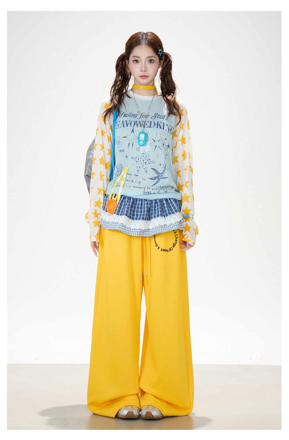 Cartoon Star Raglan Long Sleeve Top & Wide-Leg Drawstring Pants