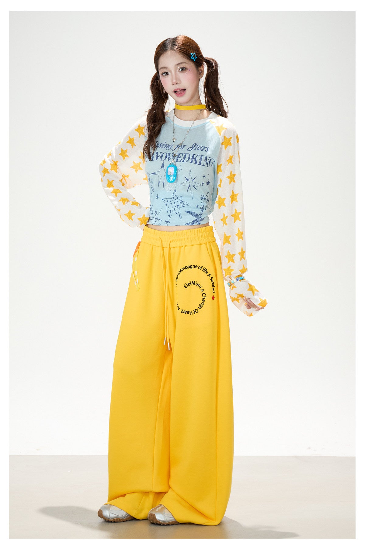 Cartoon Star Raglan Long Sleeve Top & Wide-Leg Drawstring Pants