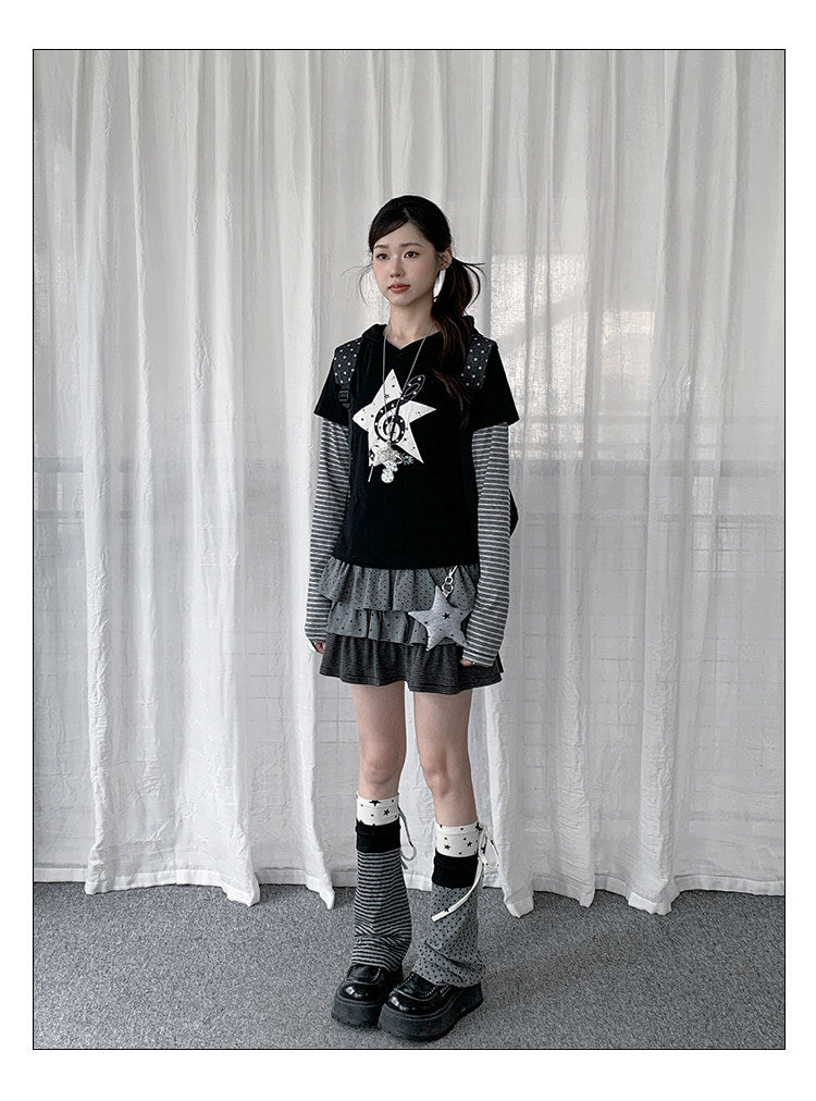 Star Music Note Layered Hooded Long Sleeve Top