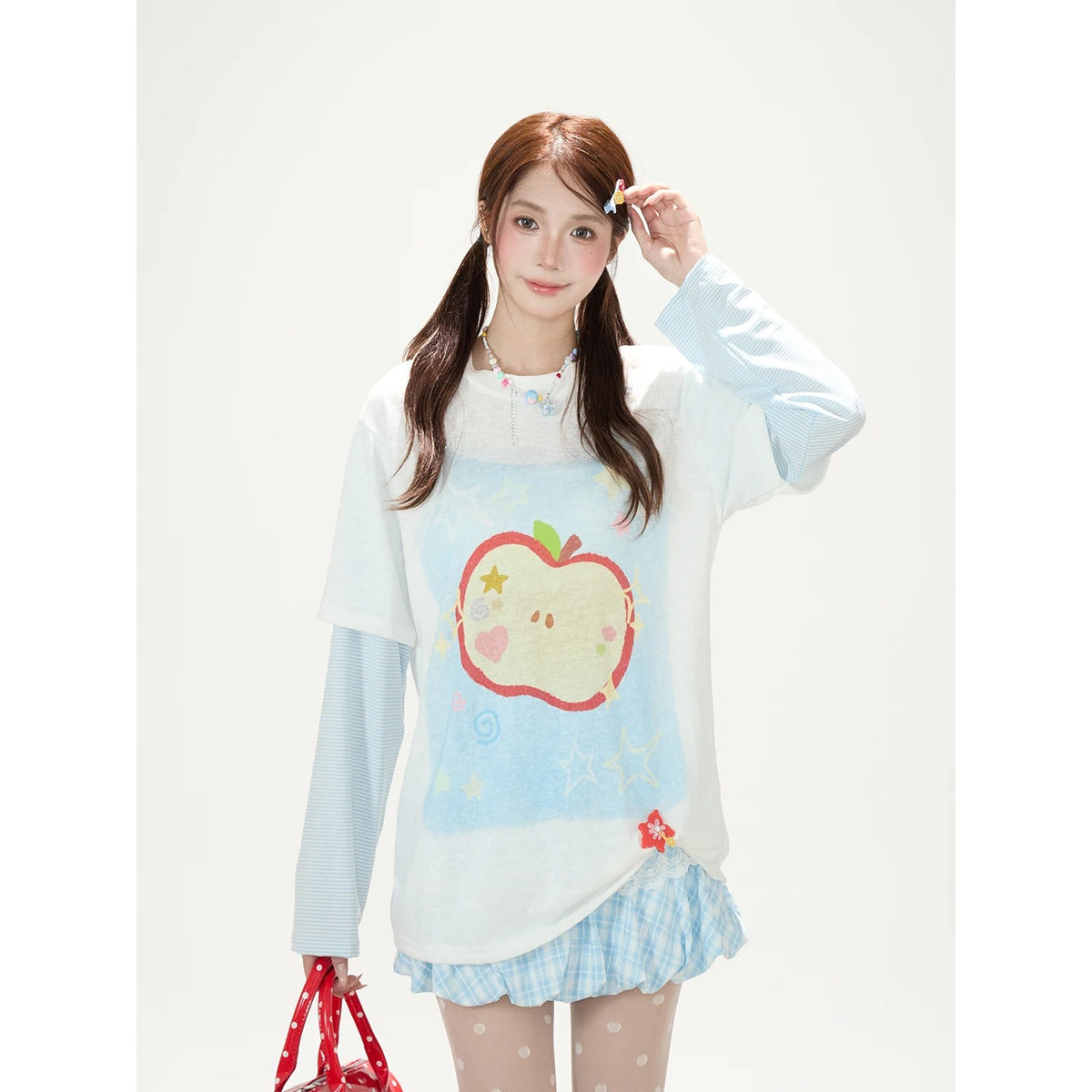 Apple Doodle Layered Long Sleeve Tee & Light Blue Ruffle Mini Skirt