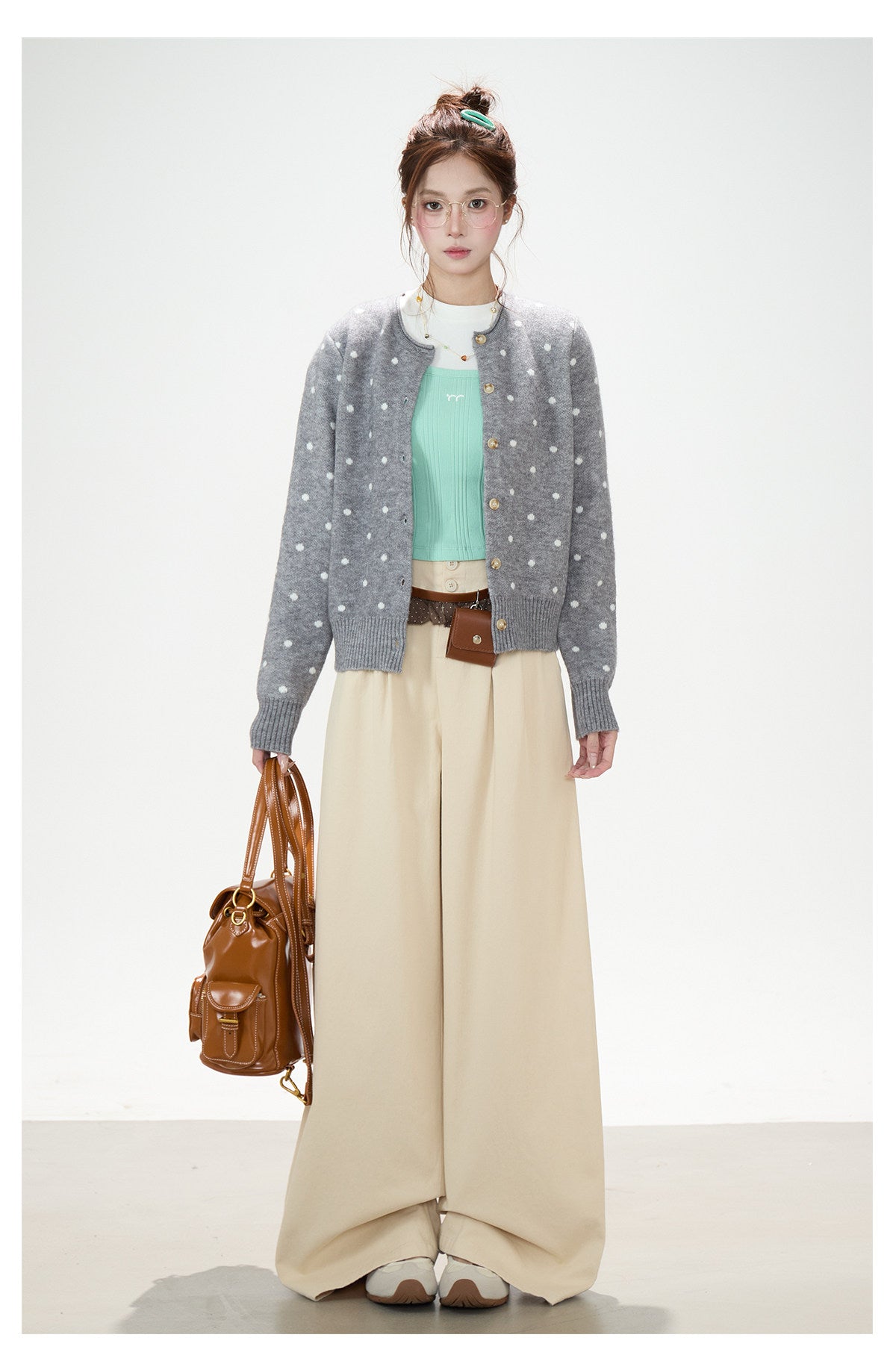 Polka-Dot Jacquard Knit Cardigan & Washed Flare Jeans