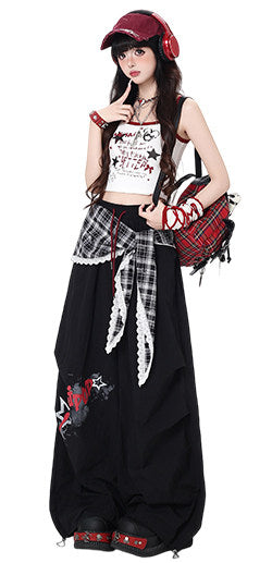 Plaid Scarf Layered Wide-Leg Cargo Pants