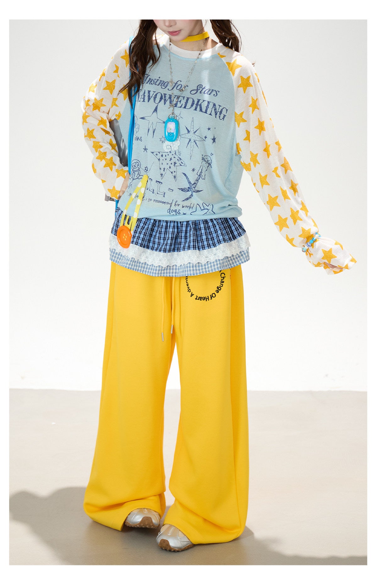 Cartoon Star Raglan Long Sleeve Top & Wide-Leg Drawstring Pants