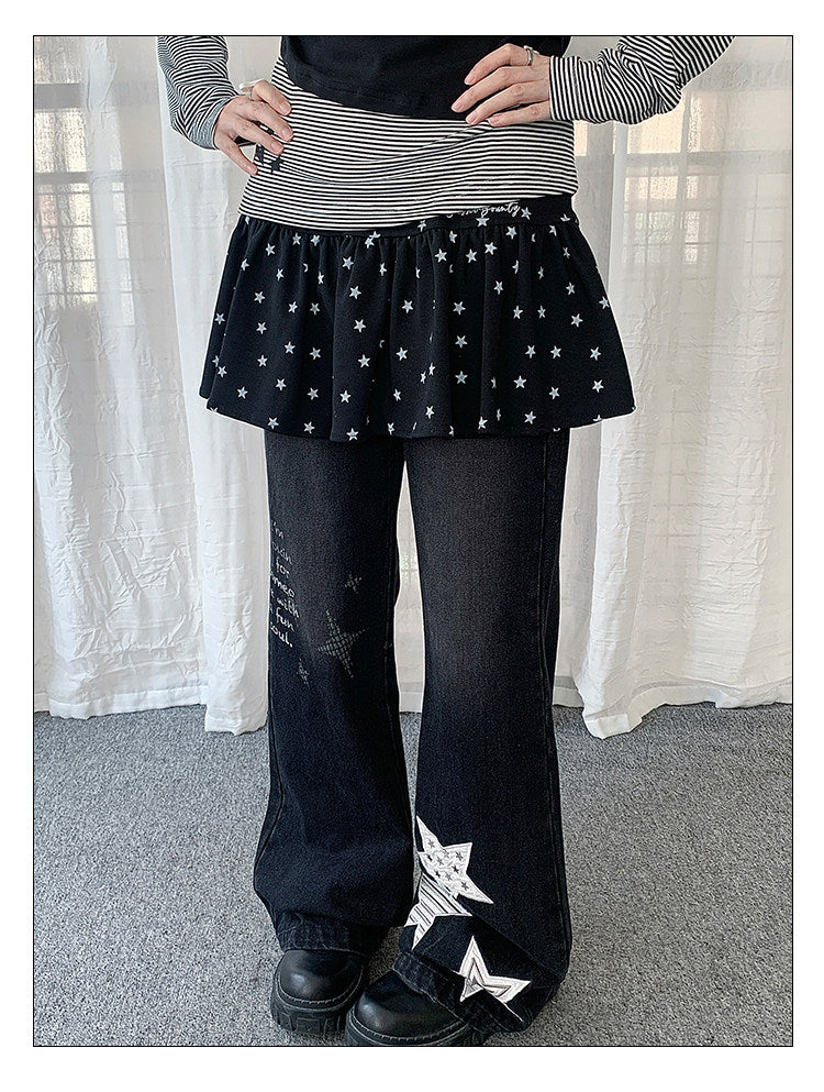 Star Appliqué Washed Wide-Leg Jeans