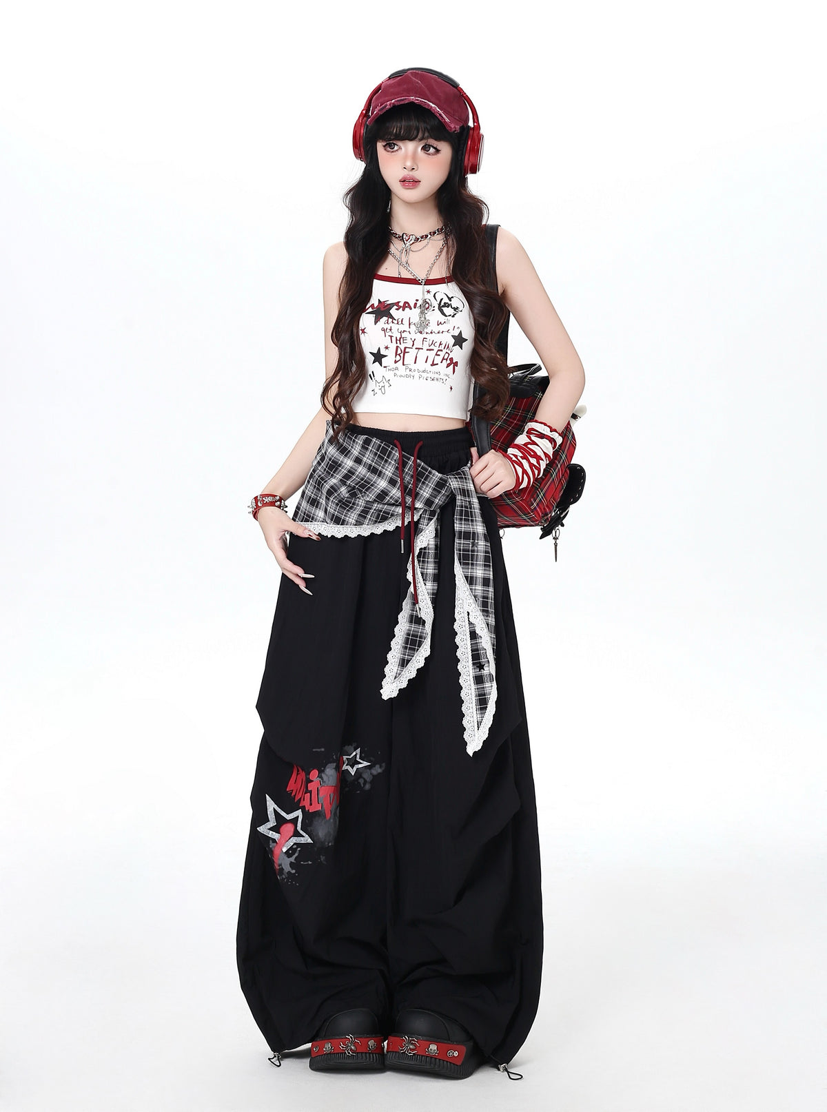 Plaid Scarf Layered Wide-Leg Cargo Pants