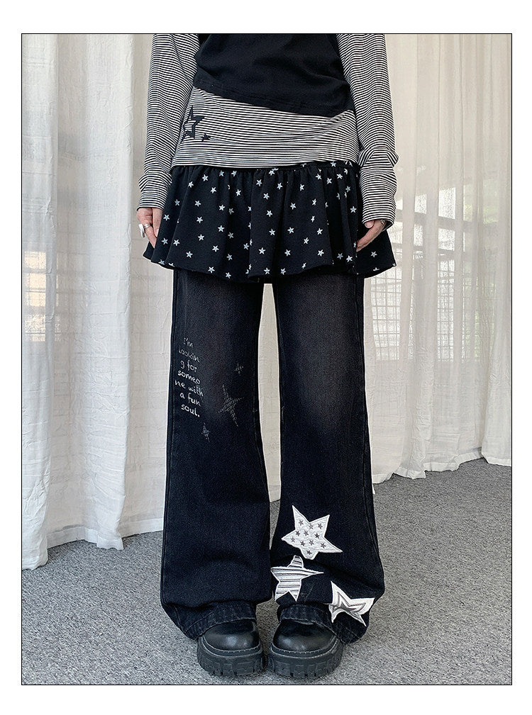 Star Appliqué Washed Wide-Leg Jeans