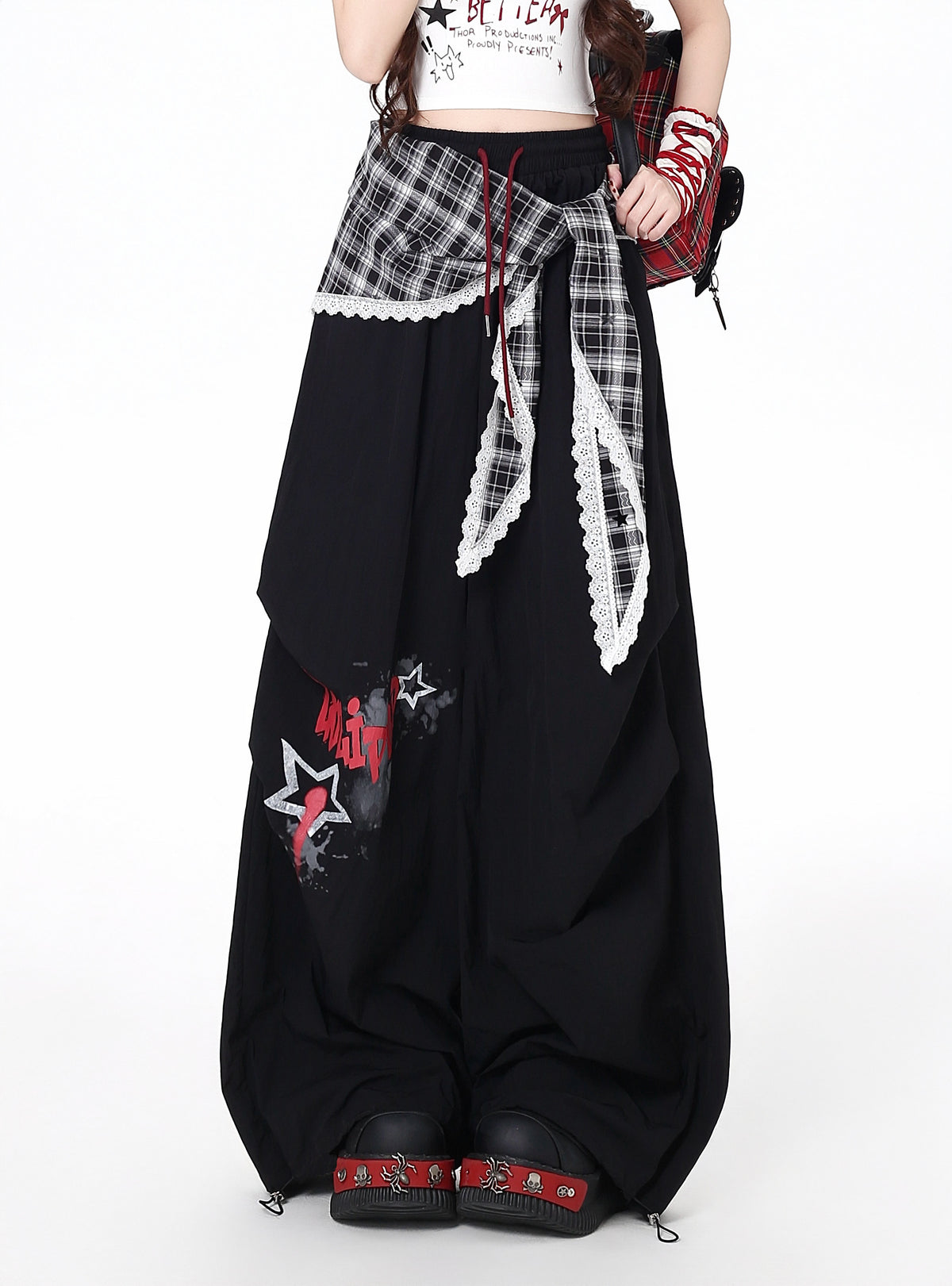 Plaid Scarf Layered Wide-Leg Cargo Pants