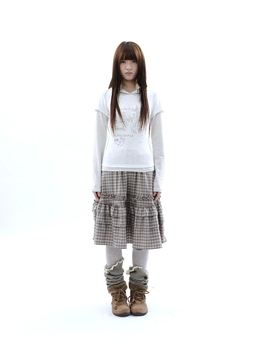 Plaid Ruffle-Tiered Midi Skirt