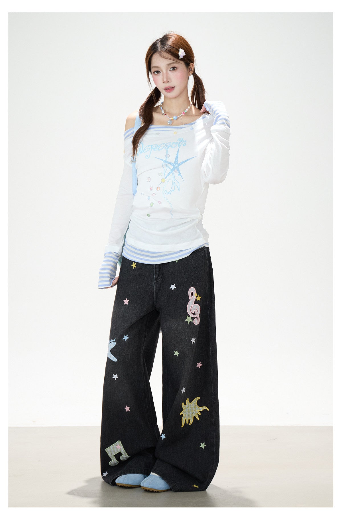 Starfish Off-Shoulder Layered Long Sleeve Top & White Wide-Leg Pants