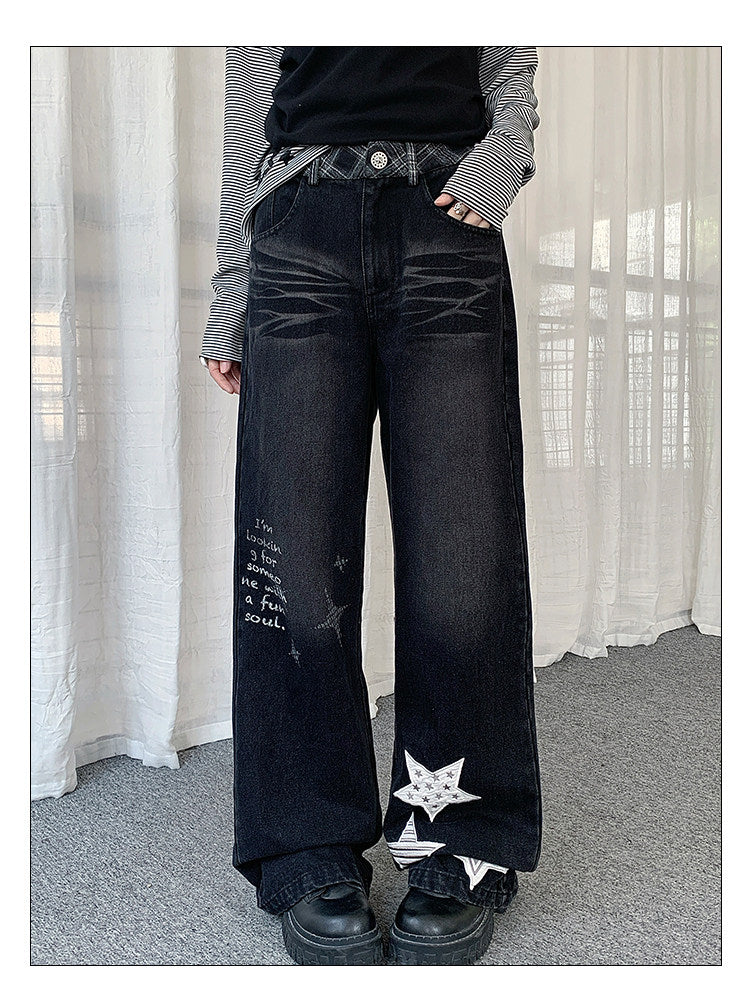 Star Appliqué Washed Wide-Leg Jeans