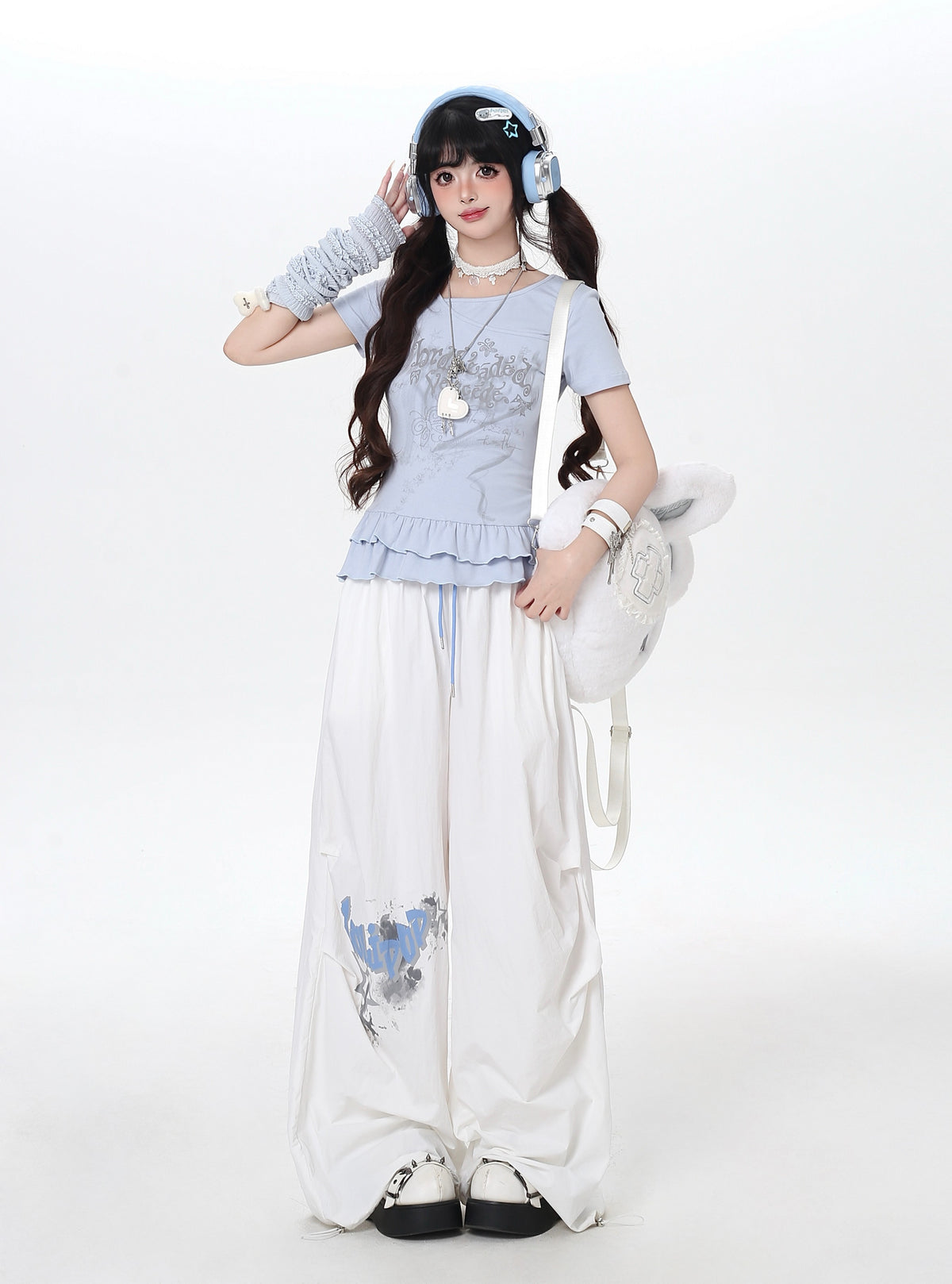 Plaid Scarf Layered Wide-Leg Cargo Pants