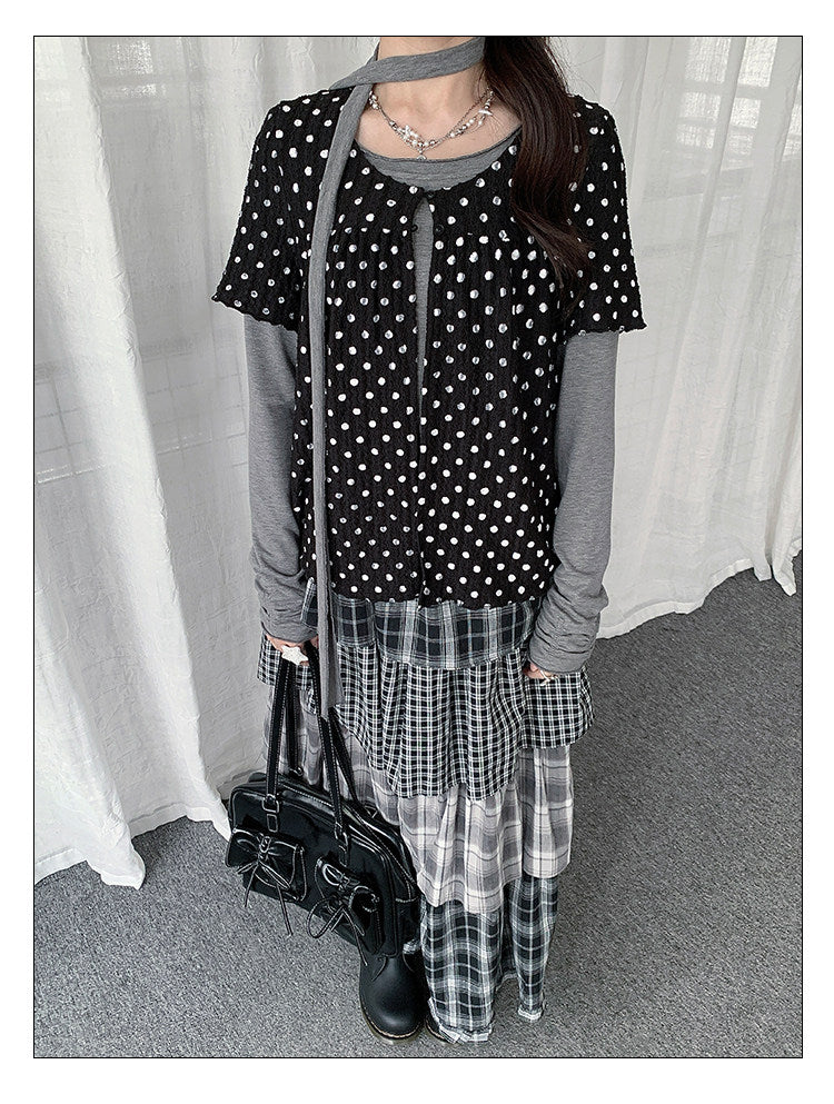 Polka Dot Layered Scarf Long Sleeve Top