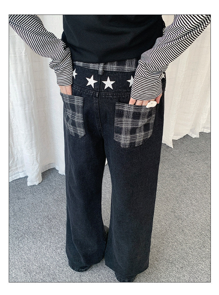 Star Appliqué Washed Wide-Leg Jeans