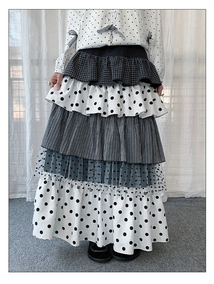 Mixed Polka Dot Plaid Tiered Maxi Skirt