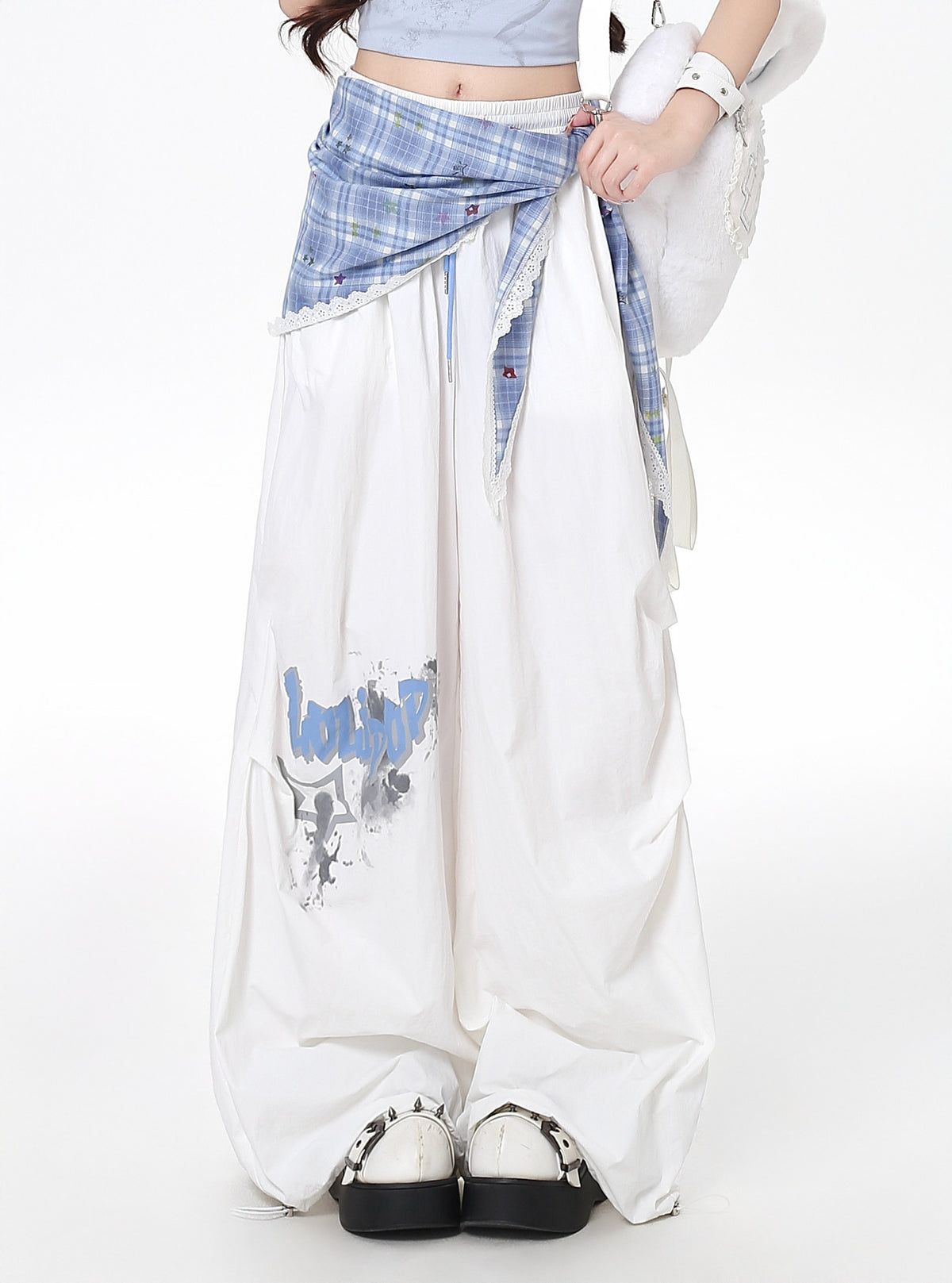 Plaid Scarf Layered Wide-Leg Cargo Pants
