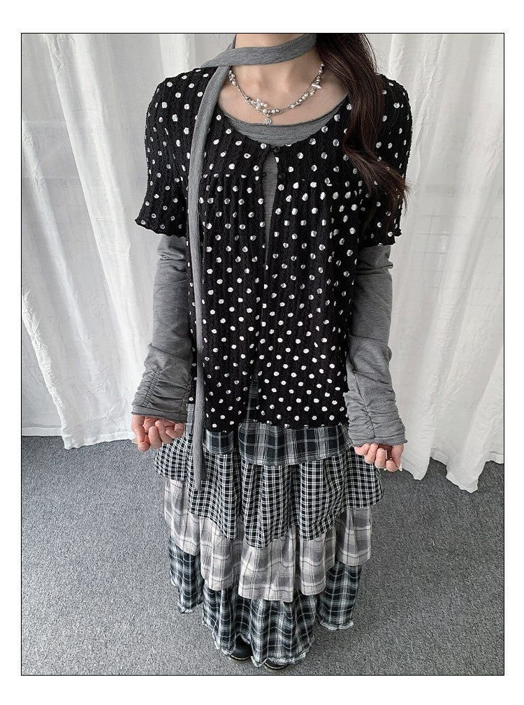 Polka Dot Layered Scarf Long Sleeve Top