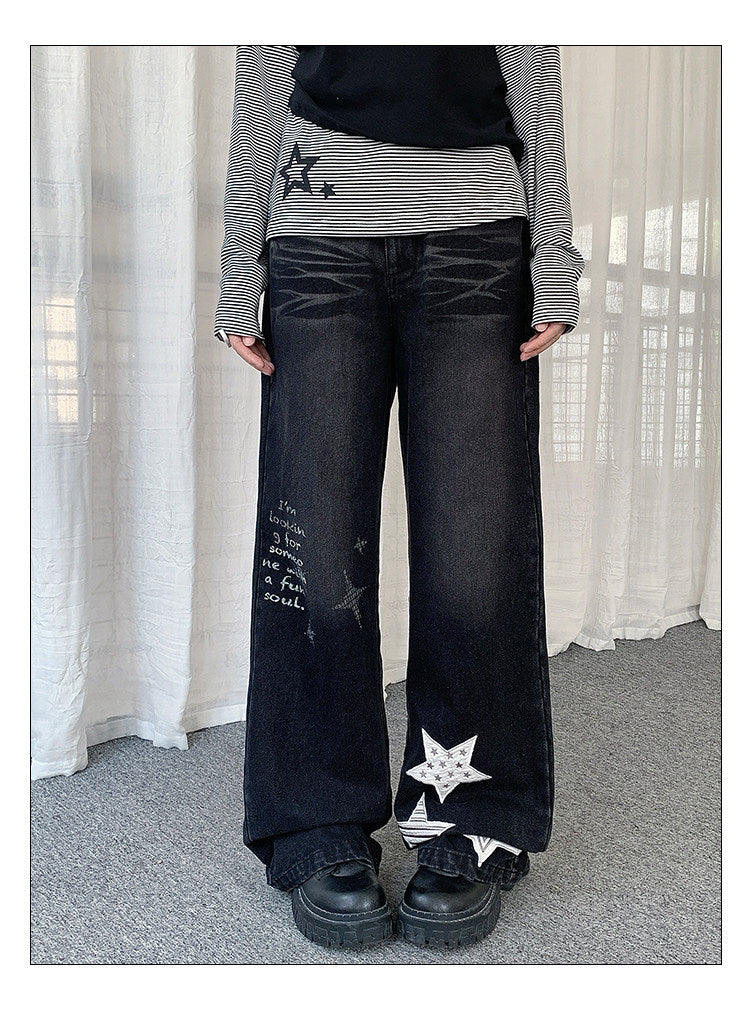 Star Appliqué Washed Wide-Leg Jeans