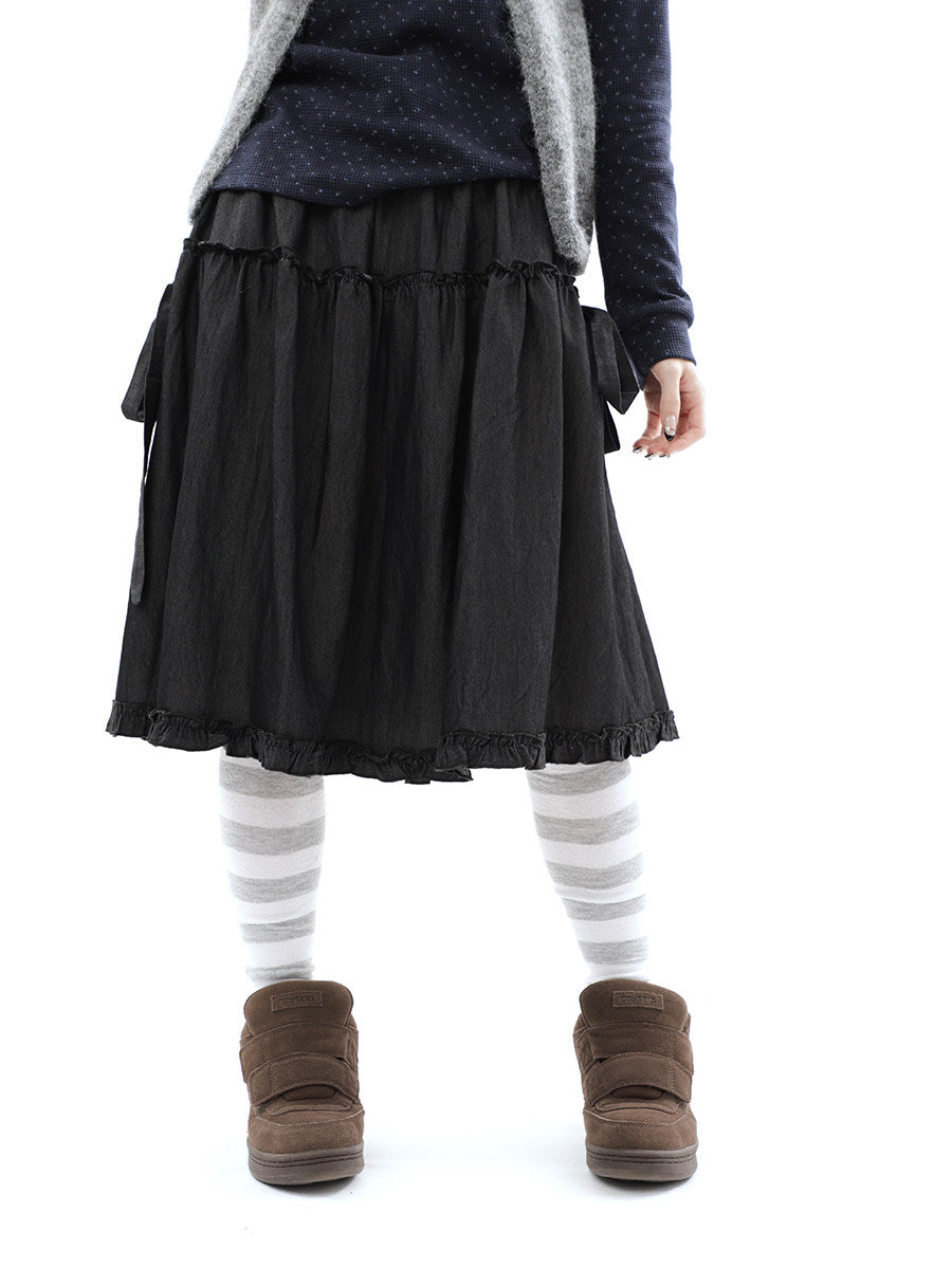 Washed Black Ruffle-Tiered Denim Midi Skirt