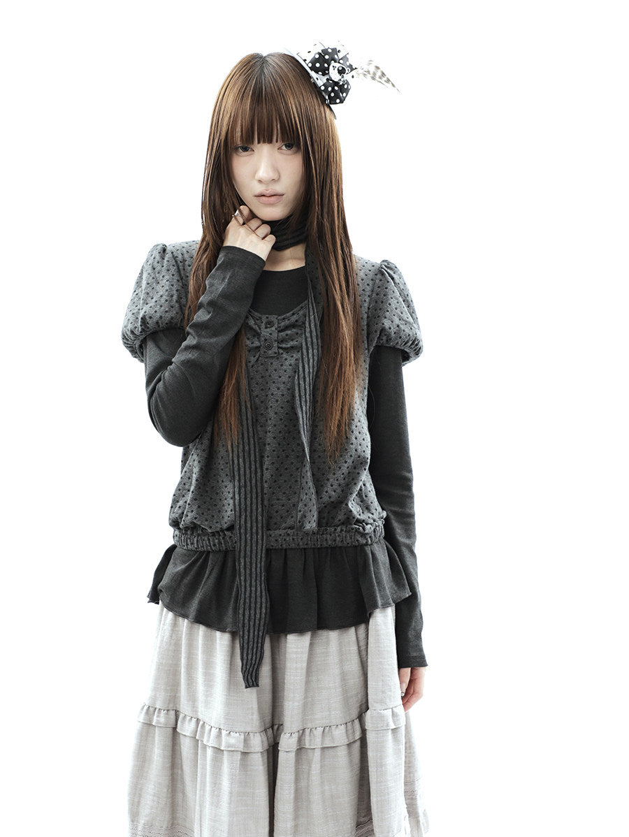 Polka Dot Layered Two-Piece Top Set with Scarf