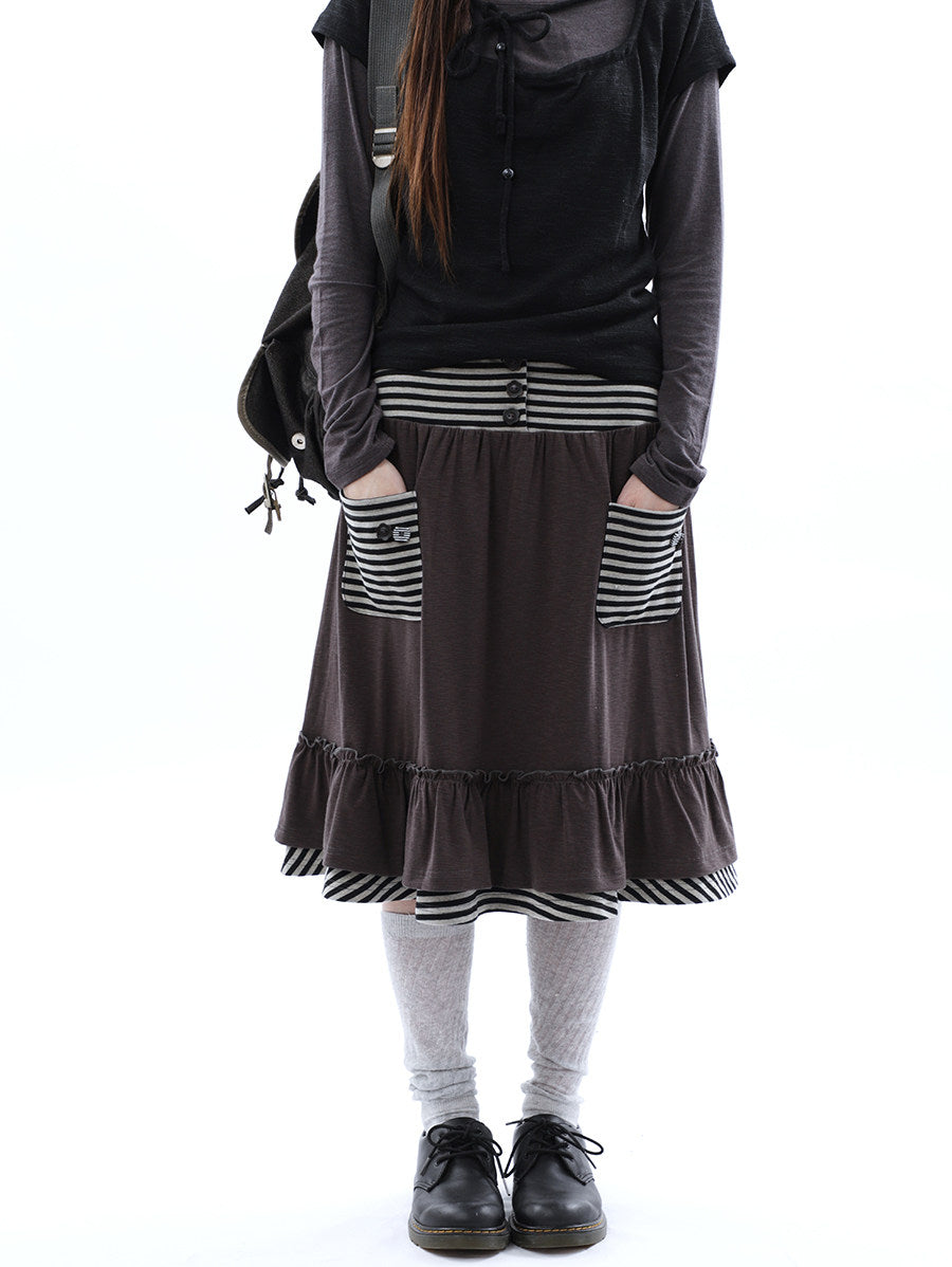 Striped Pocket Ruffle Layered Midi Skirt