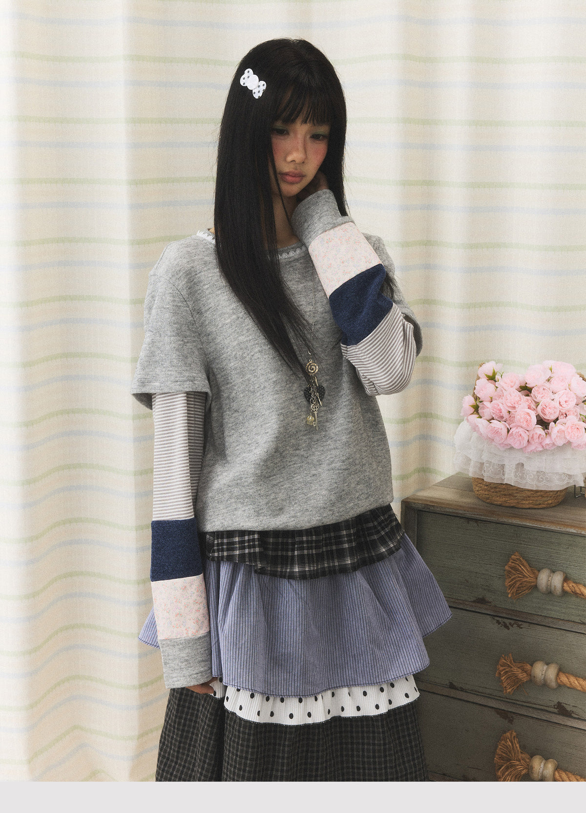 Lace-Trim Patchwork Faux-Layered Long Sleeve Top