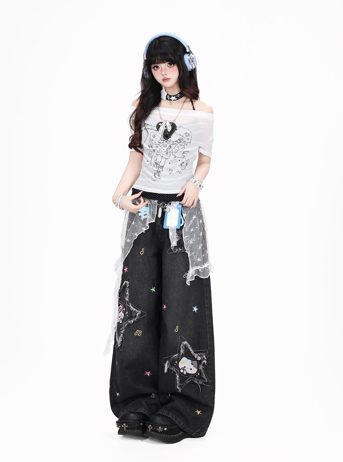 Star Cat Patch Wide-Leg Jeans with Card Holder Charm