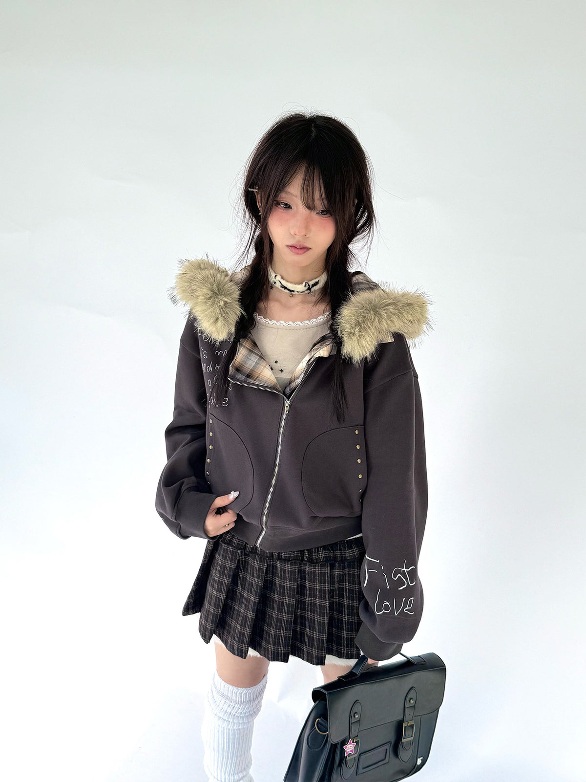Brown Plaid Fuzzy-Trim Pleated Mini Skirt