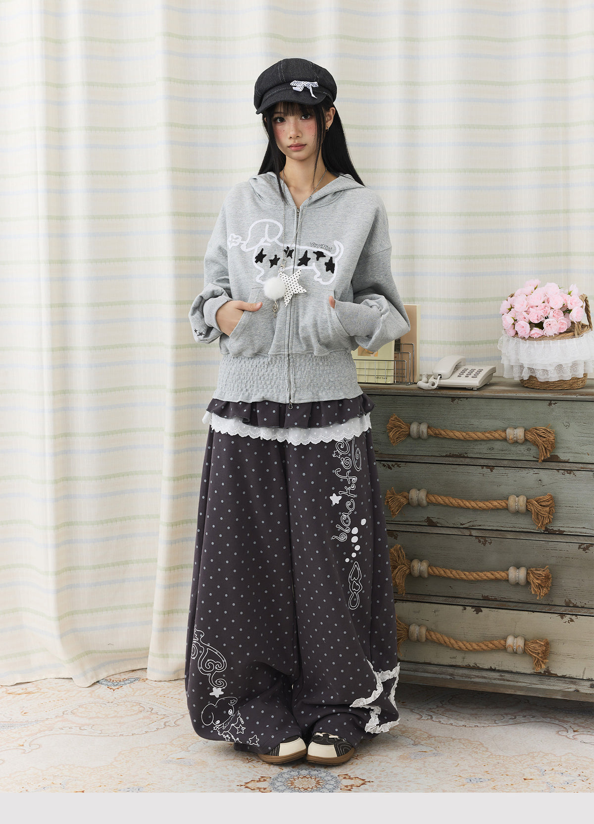 Star Puppy Smocked-Waist Zip-Up Hoodie
