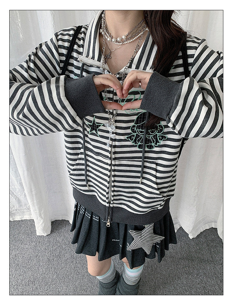Star Charm Striped Embroidered Zip-Up Jacket